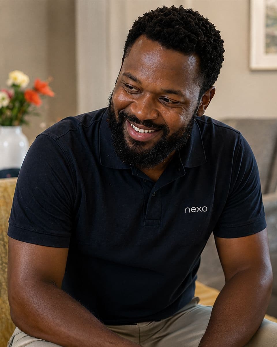 Smiling Nexo care worker in a navy uniform seated in a care home lounge