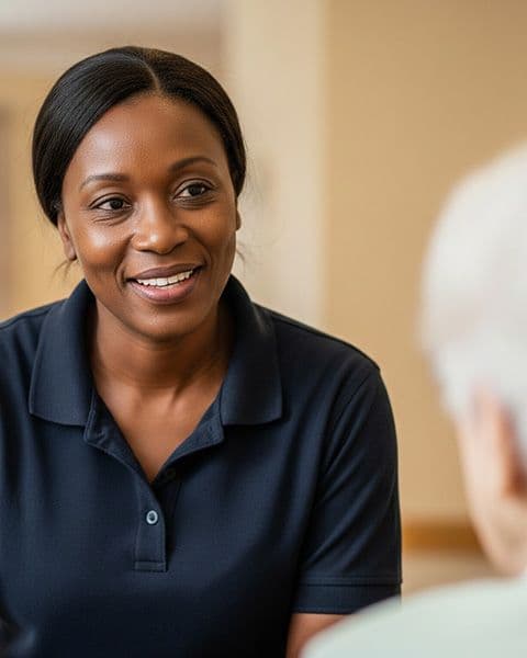 Care worker chatting with resident